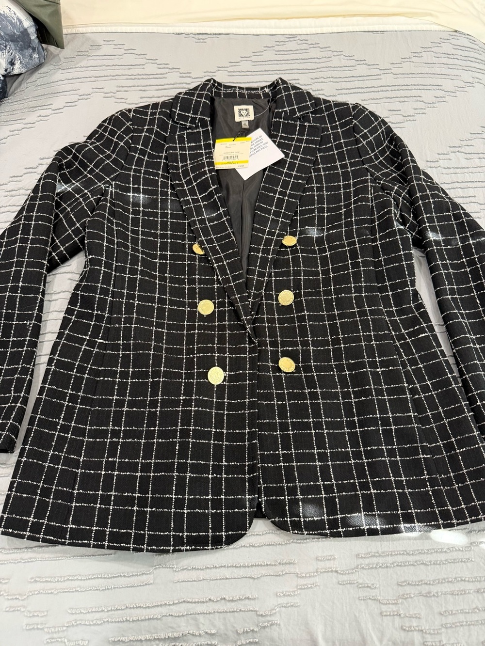 Anne Klein Women’s Black Windowpane Double-Breasted Blazer with Gold Buttons NWT